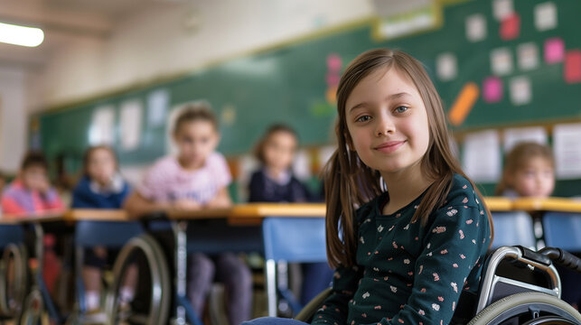 Girl in a wheelchair in a school class, other students in the background. Diversity theme, body inclusive theme. Acceptance of disabled people. Education theme.