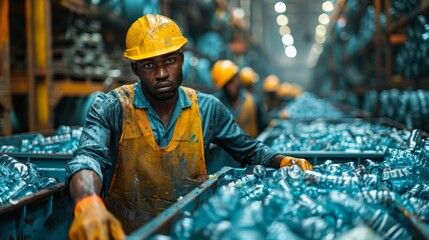 A focused male worker in protective gear sorting through recyclables at a busy recycling facility - Powered by Adobe