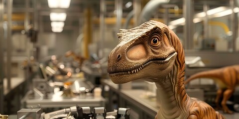 Velociraptor in Factory Amazed by T-Rex's Precision Toy Crafting. Concept Dinosaur, Factory, Velociraptor, T-Rex, Toy Crafting