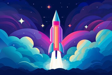 A test of a rainbow colored spaceship taking off from the ground that reflects the light from the light of the spaceship launch with full energy. Generative AI.