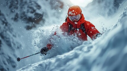 An extreme skier descends a snowy mountain at speed, showcasing the thrill of winter sports