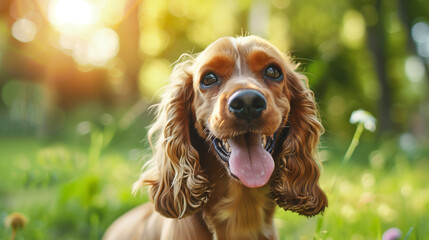 Dog (English Cocker Spaniel). Isolated on green grass in park