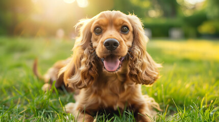 Dog (English Cocker Spaniel). Isolated on green grass in park