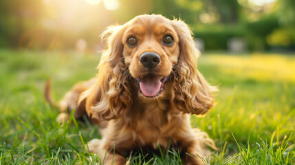 Obraz premium Dog (English Cocker Spaniel). Isolated on green grass in park