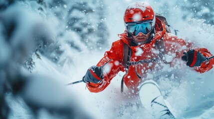 A close-up view of a skier making a sharp turn in fresh, deep snow, energy and motion captured
