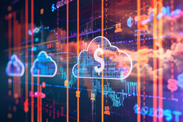A visual representation of cloud icons overlaid with dollar signs and financial charts, illustrating the concept of cost management and optimization in cloud computing. 