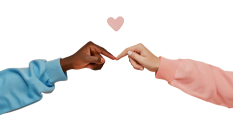 Two hands, one black one white, touching each other with a heart in the middle. Concept of love and connection between the two people