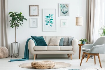 A white living room with light blue and teal colored accents, a sofa in grey fabric, a side table made of wood, an armchair on one end of the couch, and some framed pictures hanging above it