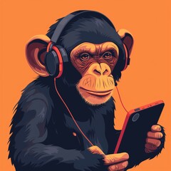 Chimpanzee Listening to Music on Tablet
