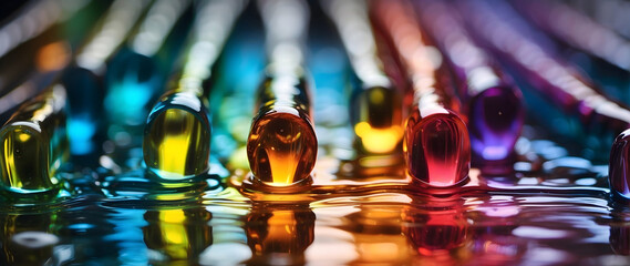 Colored glass rods laying in fluid.