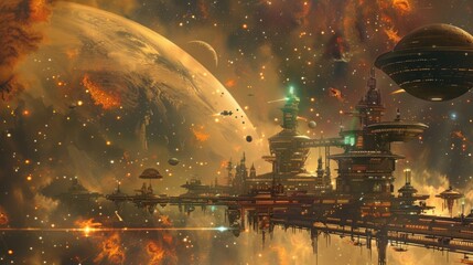 Fototapeta premium A futuristic space station with towering structures and hovering ships set against a fiery, ethereal planetary background at dusk.