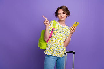 Photo attractive charming brown hair girl stylish clothes recommend hotel reservation empty space...