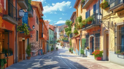 Spanish Village Delight: Charming European Street with Colorful Buildings, People, and Historic Atmosphere