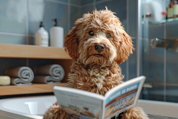 Cute curly dog ​​relaxing in the bath with an open book against the background of a stylish interior
