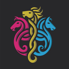 logo of three horses in the form of Celtic ornament, vector graphics, simple shapes 