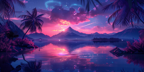 Anime-Inspired Landscape of Majestic Peaks and Palms, Drenched in Purple and Blue, Fantastical Mountain Vista