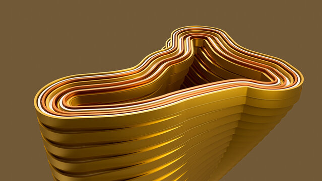 3D render of stacked linear metallic shapes