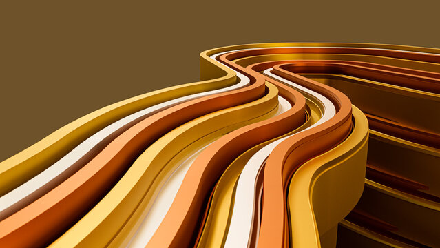 3D render of stacked linear metallic shapes