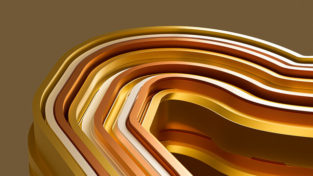 3D render of stacked linear metallic shapes