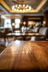 A polished wooden table in the foreground with a blurred background of an elegant restaurant. The background shows beautifully set tables with white linens, stylish chairs and soft ambient lighting 