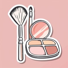 A makeup artist's brush and palette illustration style sticker with normal colors, white outline on a solid blush pink background, no shadow or gradient.