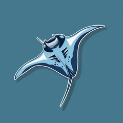A manta ray illustration in normal colors as a sticker with a white outline on a deep sea blue background without any shadow or gradient.
