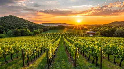 Beautiful vineyard landscape at sunset with rows of grapevines and scenic hills in the background,...