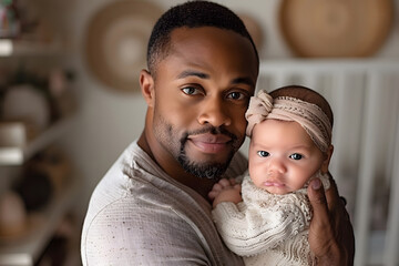 Happy smiling black man father plays with daughter or son child. Caring father hugs his baby tenderly. Father's Day or Children's Day concept