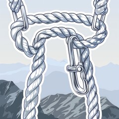 A mountain climber's rope and carabiner illustration style with normal colors sticker, white outline on a solid mountain mist background, no shadow or gradient.