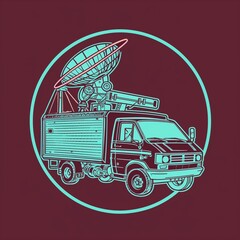 A satellite broadcasting truck illustration in a sticker style with realistic colors, outlined in teal on a solid burgundy background.