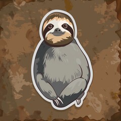A sloth illustration in normal colors as a sticker with a white outline on a forest brown background without any shadow or gradient.