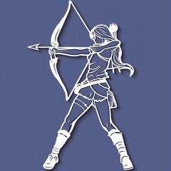 A teenage female archer illustration style sticker with white outline on a solid sapphire background without any shadow or gradient.