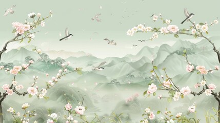 blossom tree With sparrow, finches, butterflies, dragonflies. Chinoiserie, traditional oriental botanical motif. wallpaper