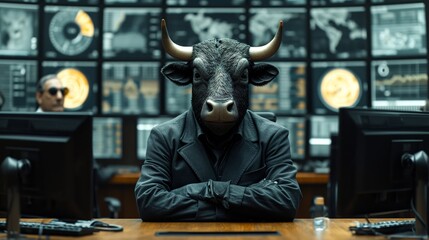 Serious bull in a black suit seated at a control desk with multiple surveillance screens