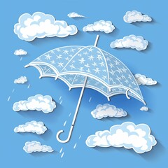 A weather forecaster's umbrella and clouds illustration style with normal colors sticker, white outline on a solid stormy sky blue background, no shadow or gradient.