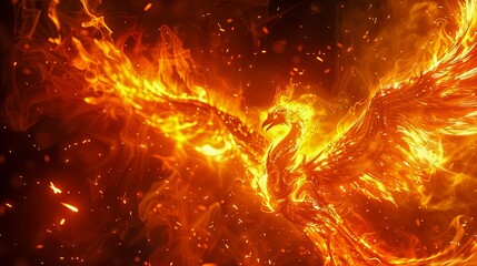 A majestic fiery phoenix rising from the ashes against a dark background, symbolizing rebirth, strength, and renewal.