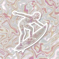 A teenager surfer illustration style sticker with white outline on a solid pearl background without any shadow or gradient.