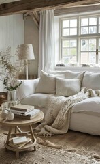 A white sofa in the center of an allwhite room, a small round table with books and plants on it