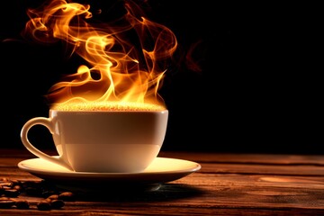 A steaming cup of hot coffee with flames rising from it, placed on a wooden table against a dark background.