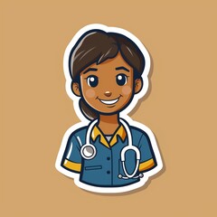 A young social worker illustration style sticker with white outline on a solid tan background without any shadow or gradient.