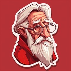 An elderly potter illustration style sticker with white outline on a solid crimson background without any shadow or gradient.