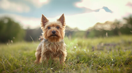 Dog (Norwich Terrier). Isolated on green grass in park