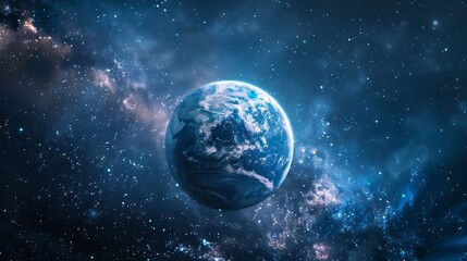 Fototapeta premium Earth, our planet, suspended in space surrounded by stars of varying hues.