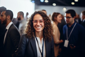 Obraz premium A businesswoman in professional suit outfits with glasses is smiling while greeting others in a business meeting conference. Generative AI.