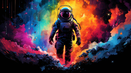 Astronaut in a surreal colorful nebula, vibrant and painterly.
