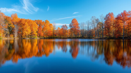 A serene autumn park landscape featuring a lake, surrounded by colorful trees with reflections in the water and a clear blue sky