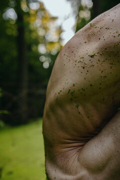 Close up Redhead Man bare-chested athlete in a green swamp outside