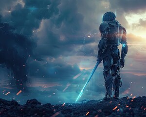 Fototapeta premium Futuristic Warrior Stands Triumphant on Surreal Battlefield