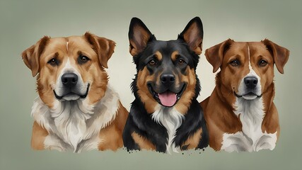Three Dogs Portrait on Light Background