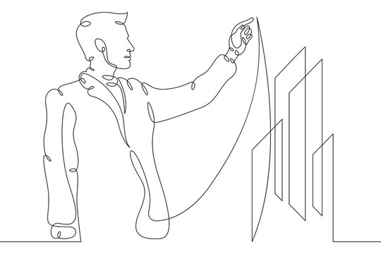 recommend clip art: IT technology manager. Engineer programmer drawing statistics graphs in virtual space. Information technologies. Data management. Analyst statistics business.One continuous line .One continuous drawin